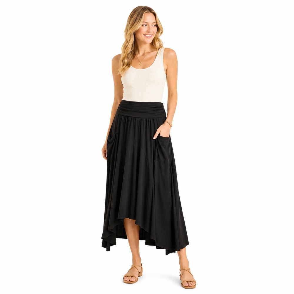 Reformation Last Tango Skirt Womens S Black Draped‎ Midi Foldover Waist Pockets